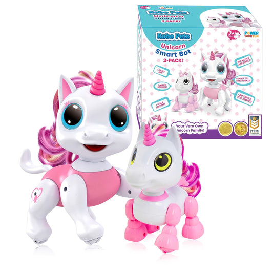 Pink/White robot unicorn, white remote, and , pink and black food-