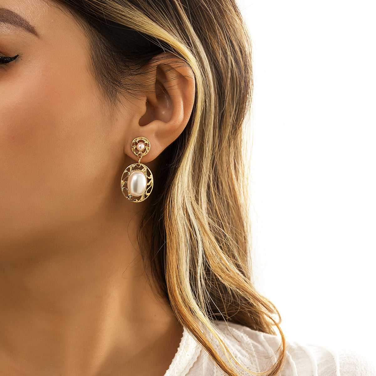 Pearl & Goldtone Filigree Drop Earrings