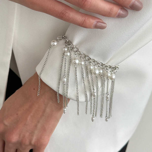 Pearl & Silvertone Beads Tassel Bracelet