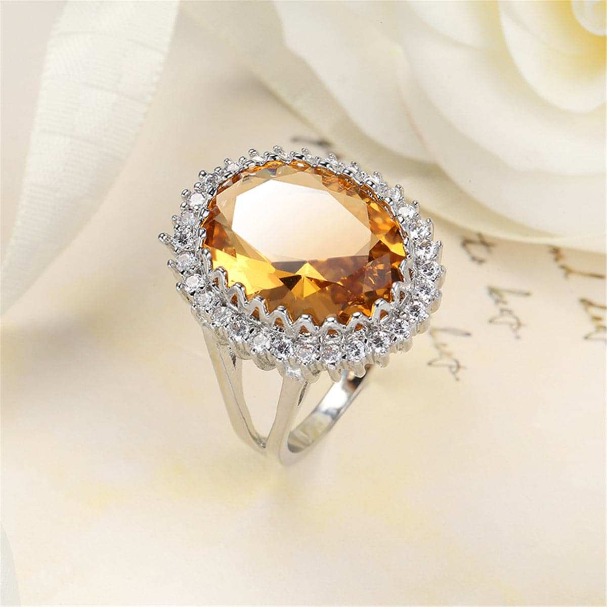 Champagne Cubic Zirconia & Crystal Burst Halo Oval Ring