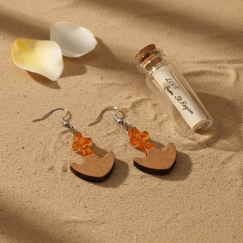 Yellow Resin & Wood Silvertone Anchor Hook Earrings