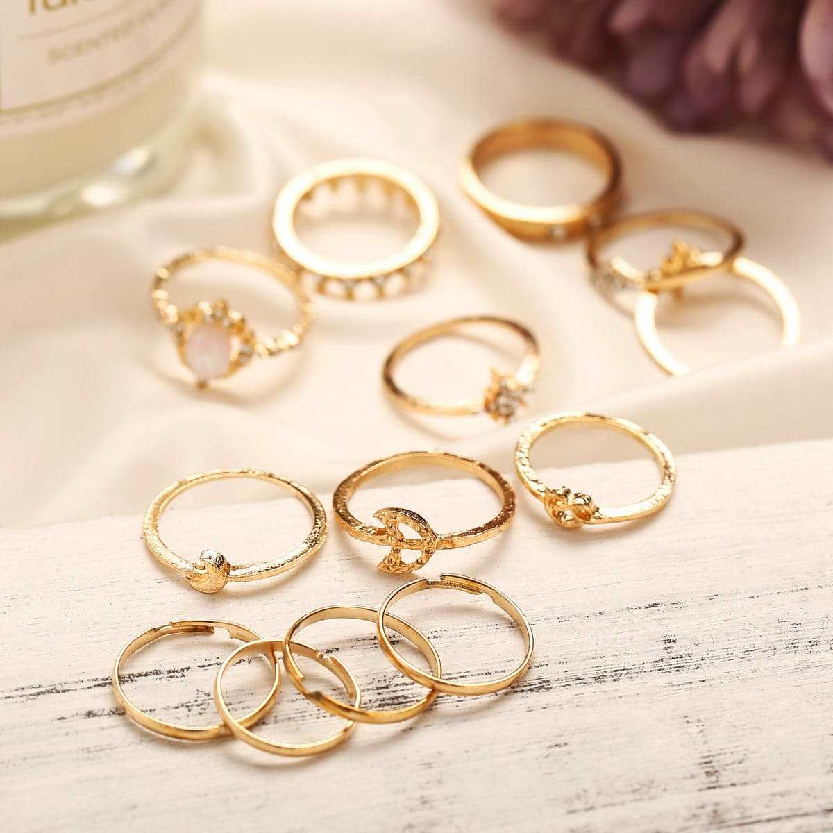 Cubic Zirconia & Goldtone Celestial Ring Set