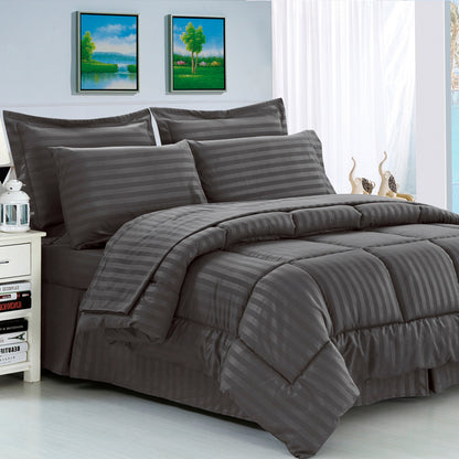 Elegant Comfort 8-Piece Dobby Stripe Comforter Set - Includes 4-Piece Sheet Set with Double Sided Storage Pockets