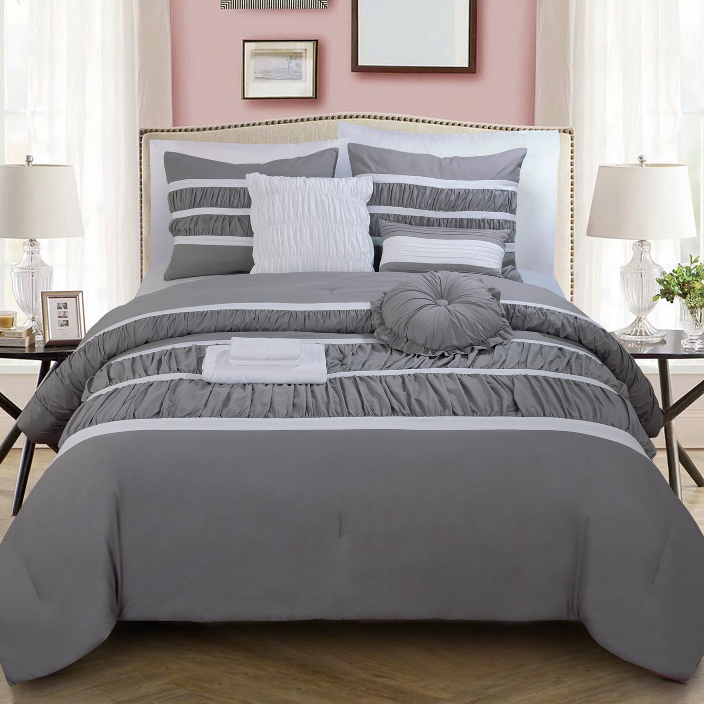 Elegant Comfort 12-Piece Isabella Pleated Ruched Ruffled Comforter Set, Includes 6-Piece Sheet Set with Double Sided Storage Pockets