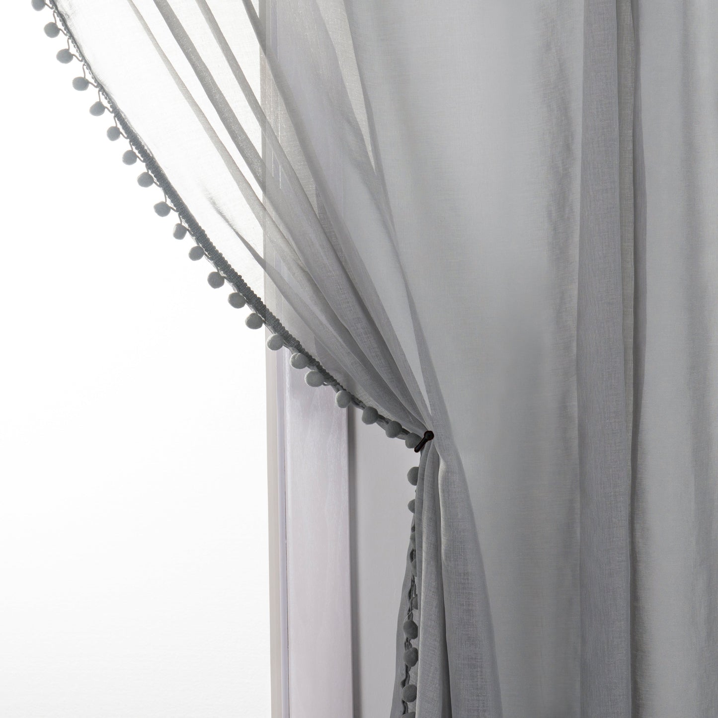 Elegant Comfort Set of 2 Pom Pom Tasseled Sheer Curtain - Rod Pocket