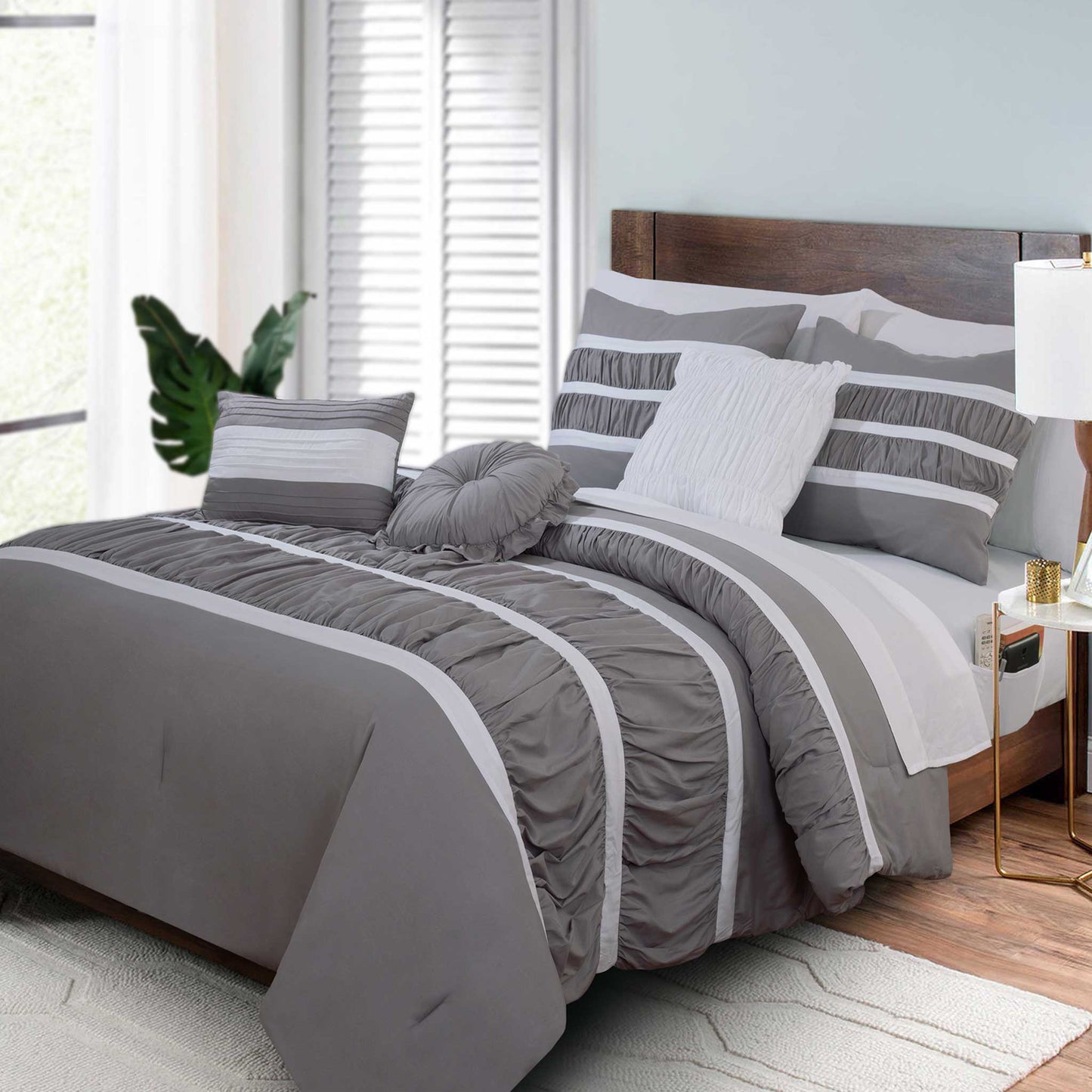 Elegant Comfort 12-Piece Isabella Pleated Ruched Ruffled Comforter Set, Includes 6-Piece Sheet Set with Double Sided Storage Pockets