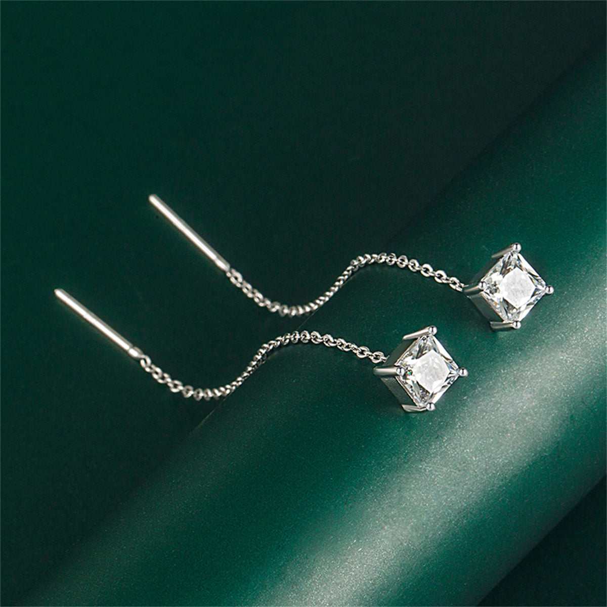 Pink Crystal & Silvertone Cube Threader Earrings