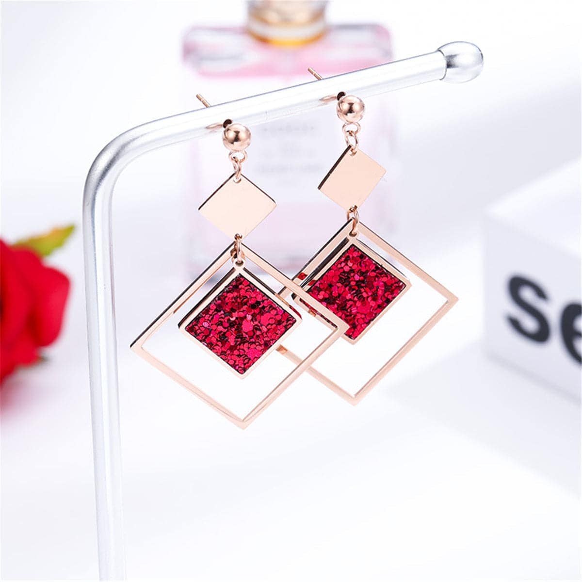 Red Sequin & Rose Goldtone Rhombus Drop Earrings