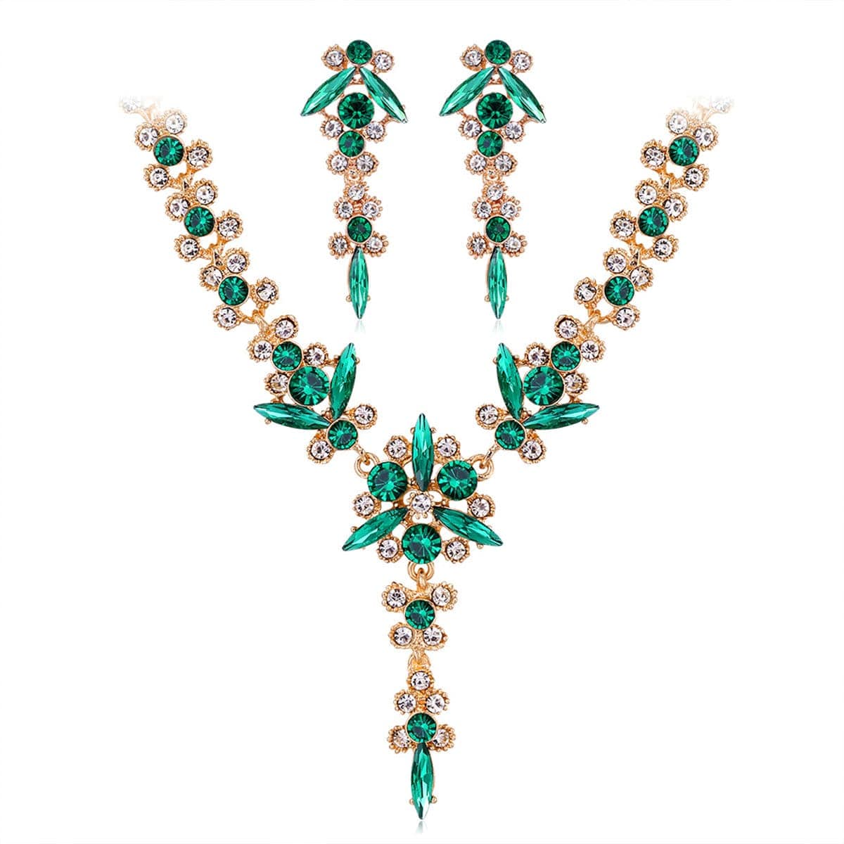 Green Crystal & Cubic Zirconia Lariat Necklace Set