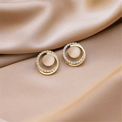 Cats Eye & Clear Cubic Zirconia Goldtone Round Stud Earrings