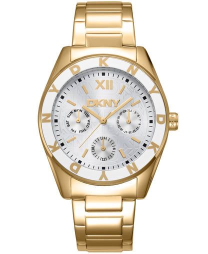 Dkny Women Watch, Gold Color Case, Silver Dial, Gold Color Metal Bracelet, Multi-Function, 5 Atm