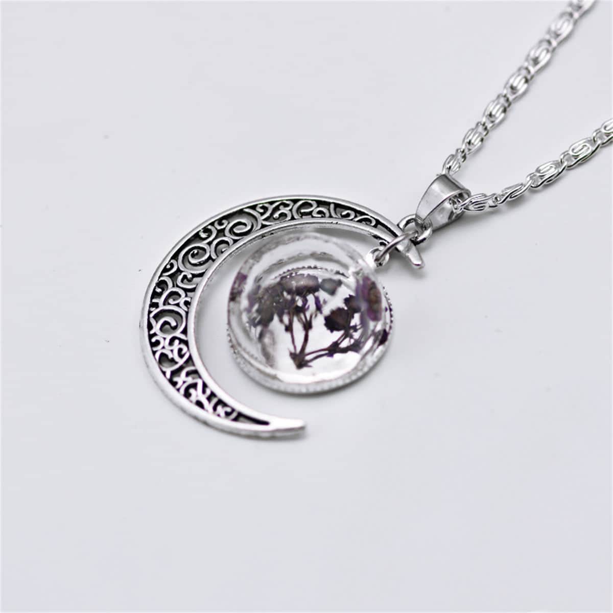 Purple Pressed Flower & Silvertone Filigree Moon Pendant Necklace