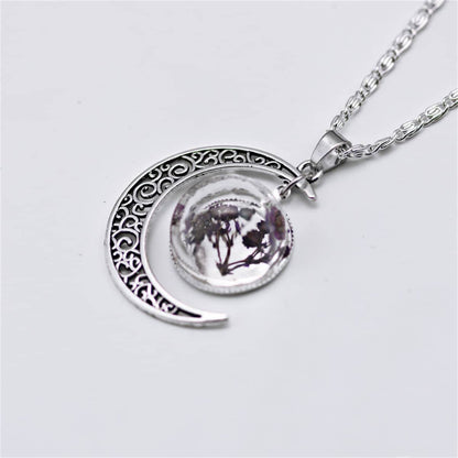 Purple Pressed Flower & Silvertone Filigree Moon Pendant Necklace