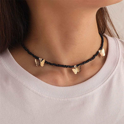 Black Howlite & Goldtone Butterfly Station Choker Necklace