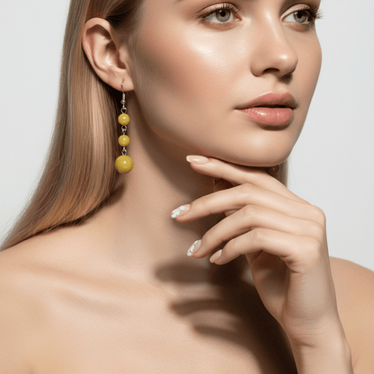 Yellow Jade & Silvertone Tiered Ball Hook Earrings