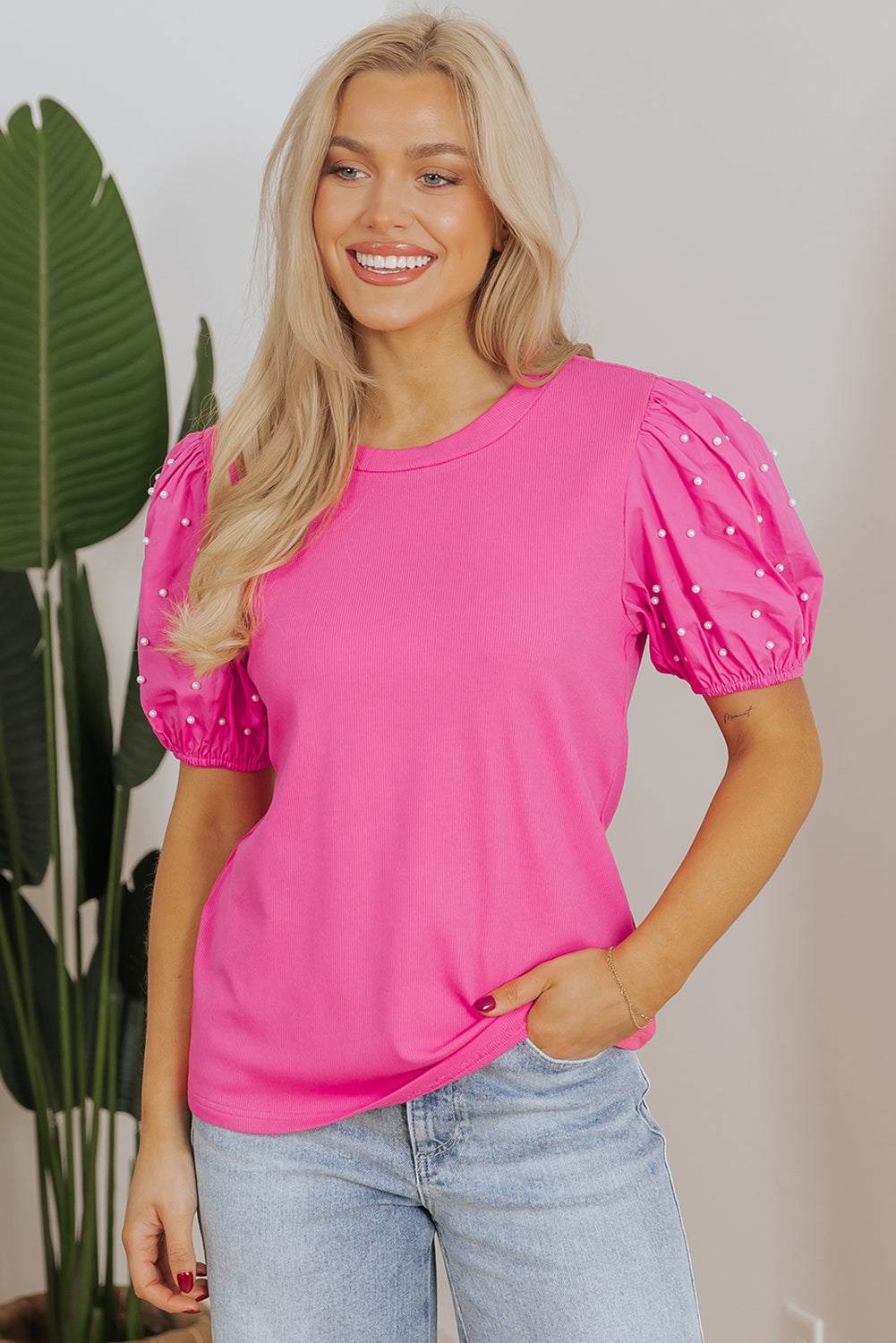 Shiloh Ribbed Pearl Beaded Puff Sleeve Top - Bright Pink / S - 4/6