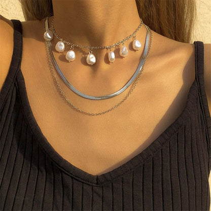 Pearl & Silvertone Drop Station Layered Chain Necklace