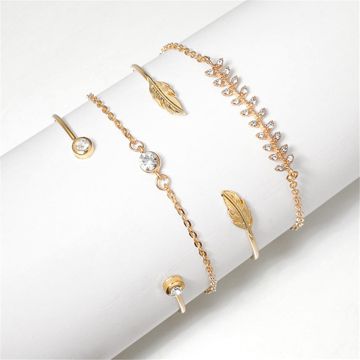 Cubic Zirconia & Goldtone Leaf Charm Bracelet Set