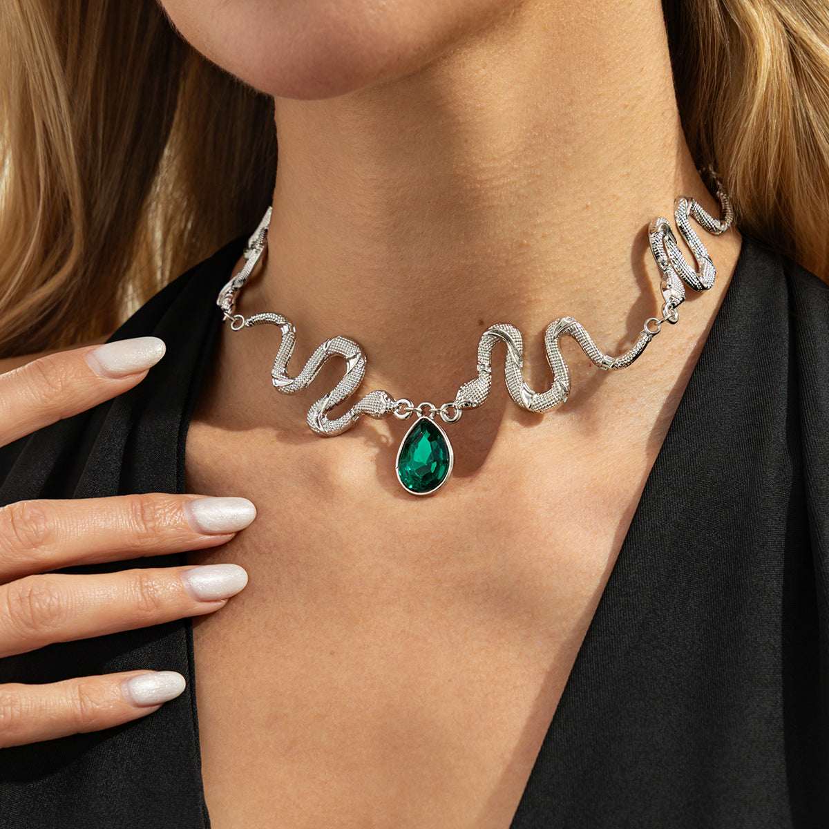 Crystal & Silvertone Textured Snake Drop Choker