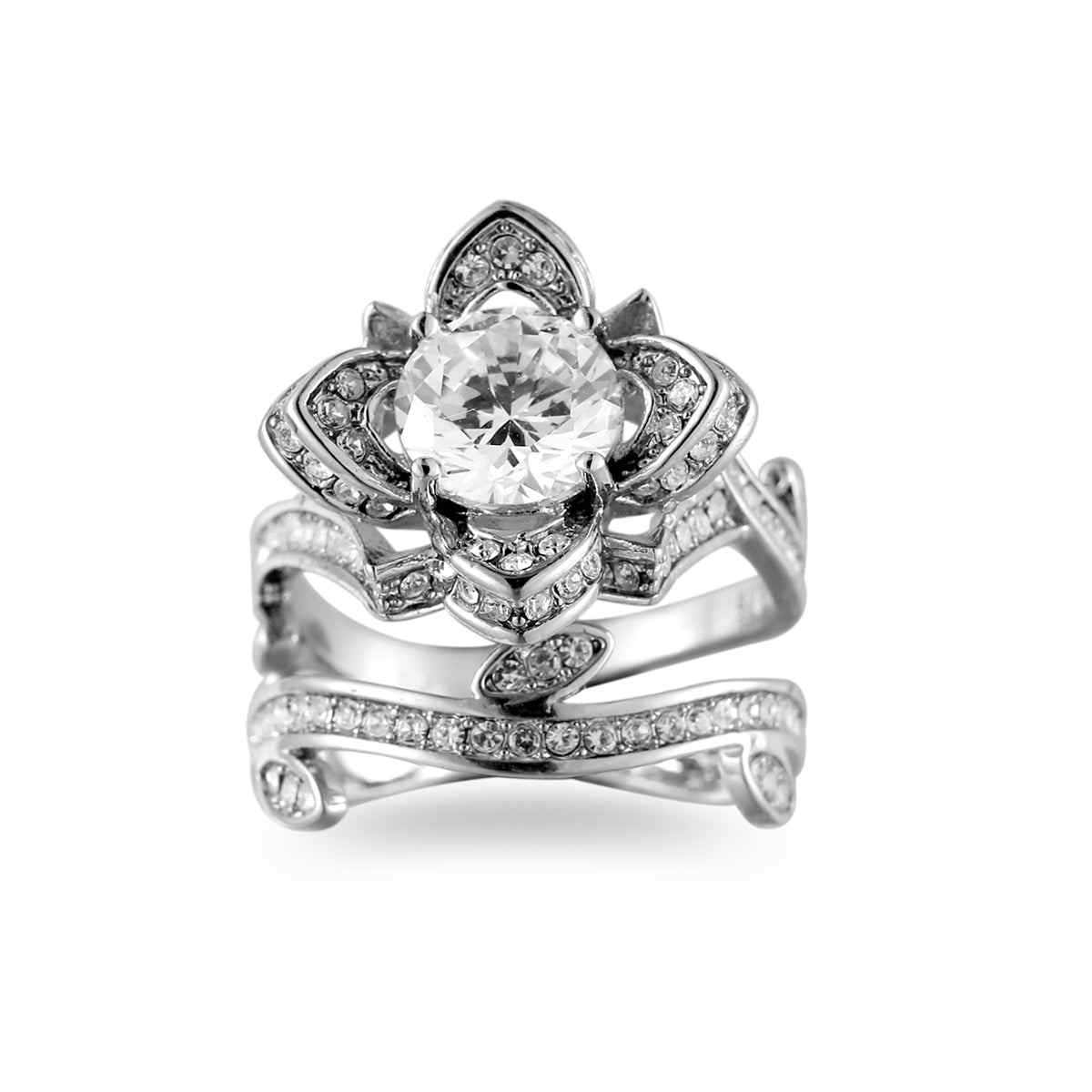 Crystal & Cubic Zirconia Silvertone Flower Ring Set-3