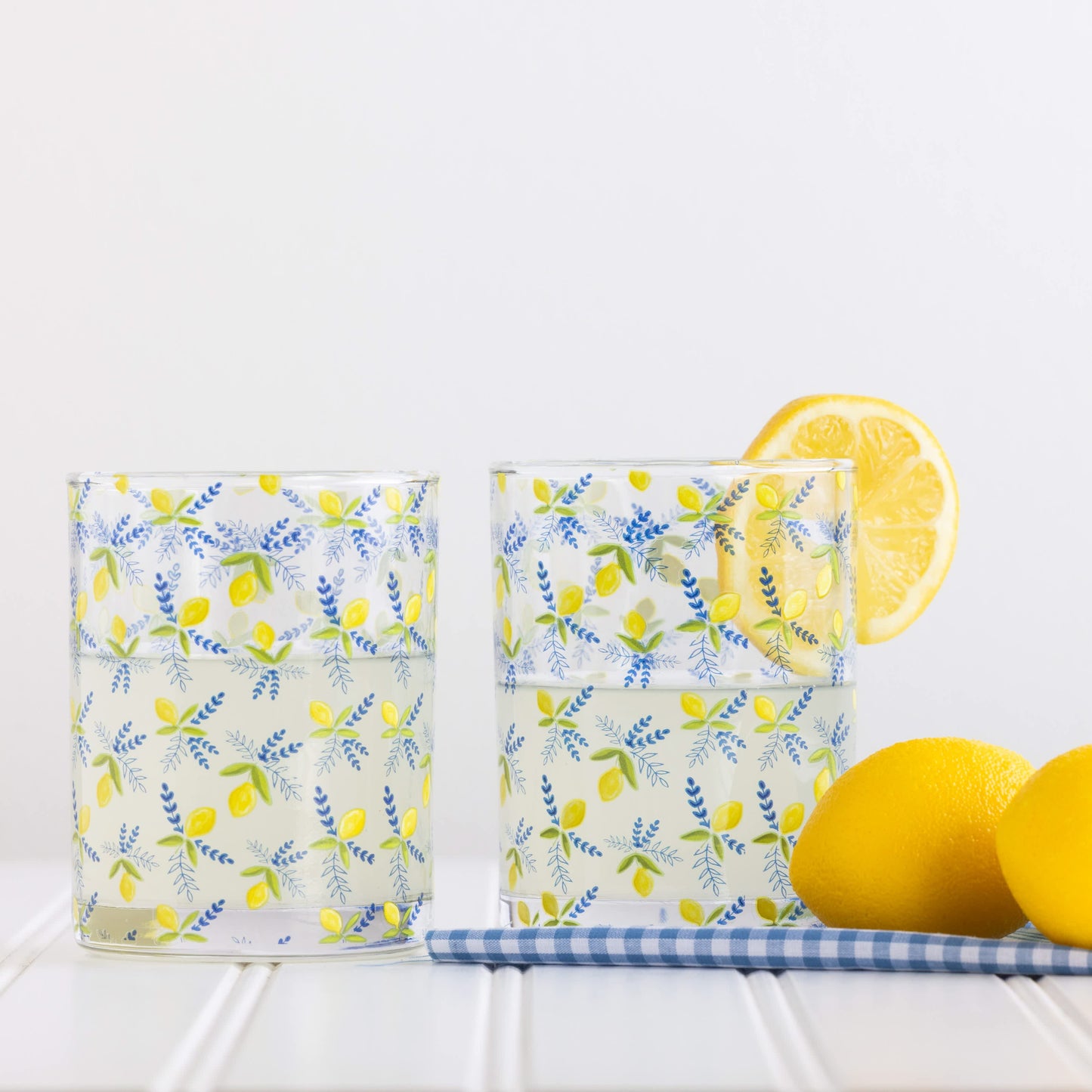 Glass Juice Cups Lemon Print Set of 2 Wood Multicolored for Spring Serving and Entertaining