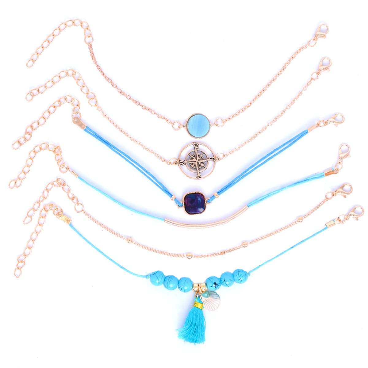 Turquoise & Polyster Goldtone Shell Bracelet Set