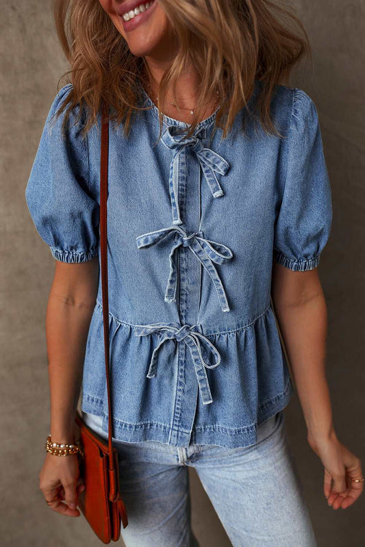 Threaded Pear Hope Tied Front Bubble Sleeve Peplum Denim Shirt