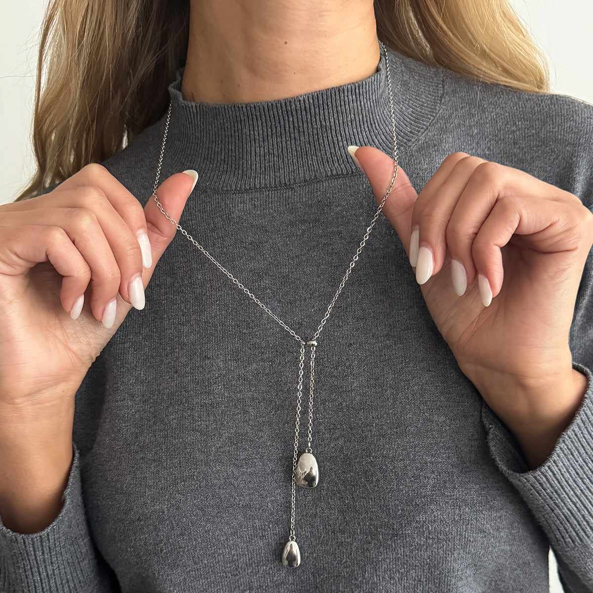 Silvertone Dual-Drop Lariat Necklace