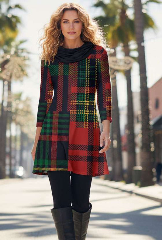 Red & Black Plaid Cowl Neck Tunic Dress-