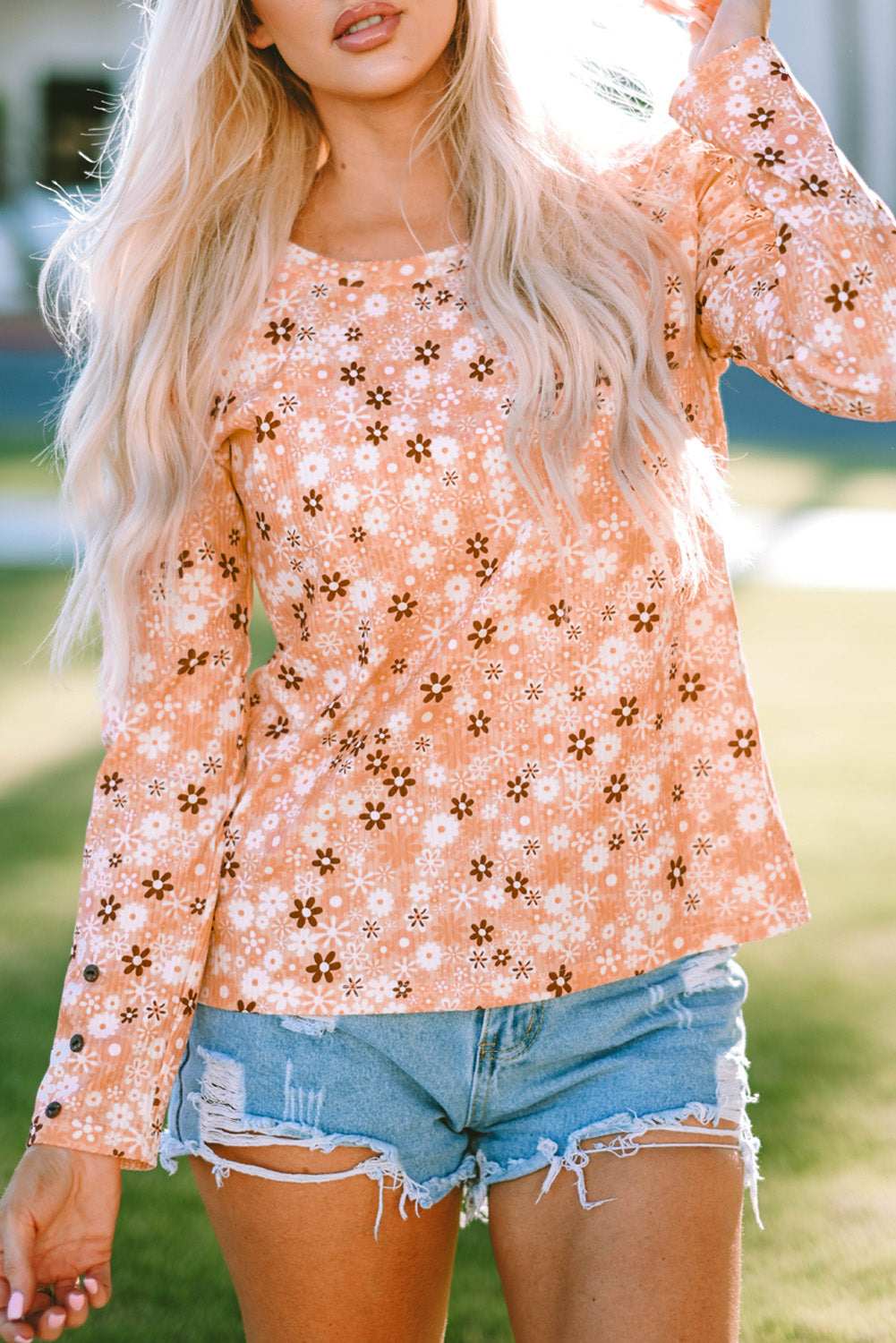 Whitney Floral Knit Long Sleeve Top - Orange / M - 8/10