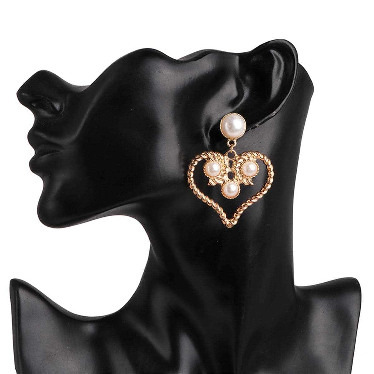 Pearl & Goldtone Openwork Heart Drop Earrings-2