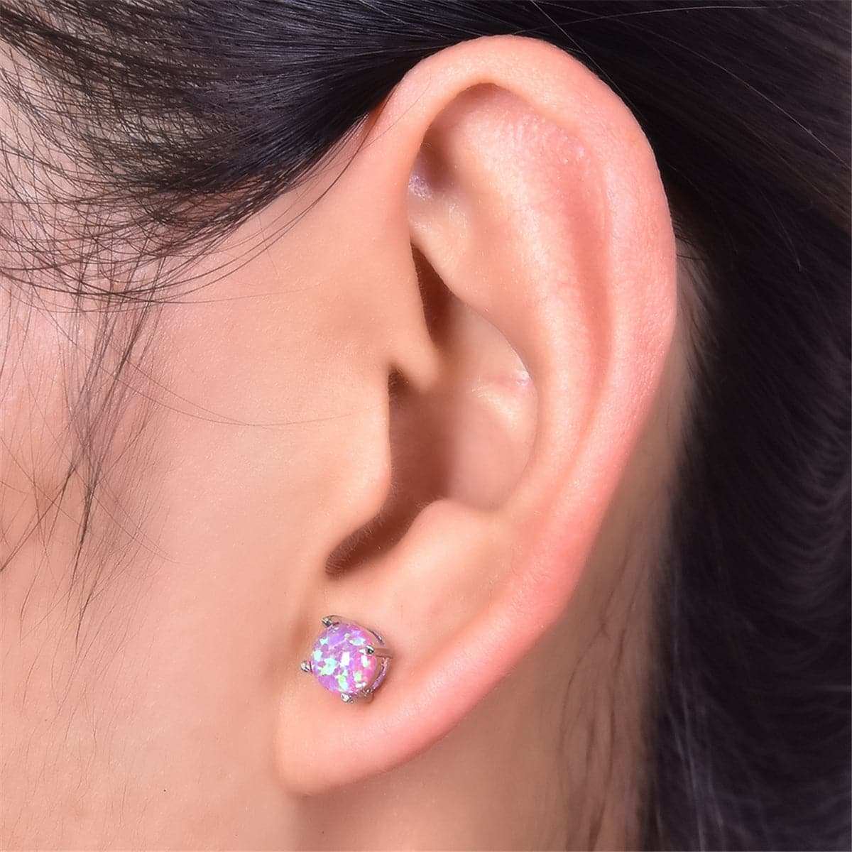 Purple Opal & Silvertone Round Stud Earrings