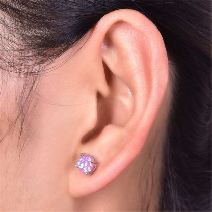 Purple Opal & Silvertone Round Stud Earrings