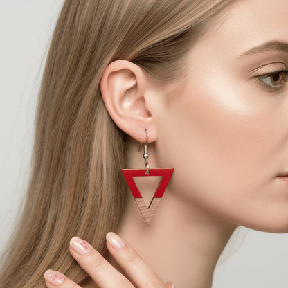 Red Resin & Wood Silvertone Open Triangle Hook Earrings