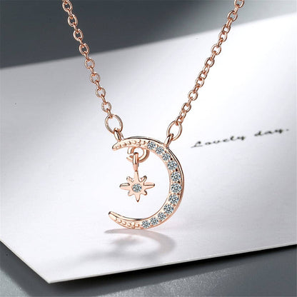 Cubic Zirconia & Rose Goldtone Moon & Star Pendant Necklace