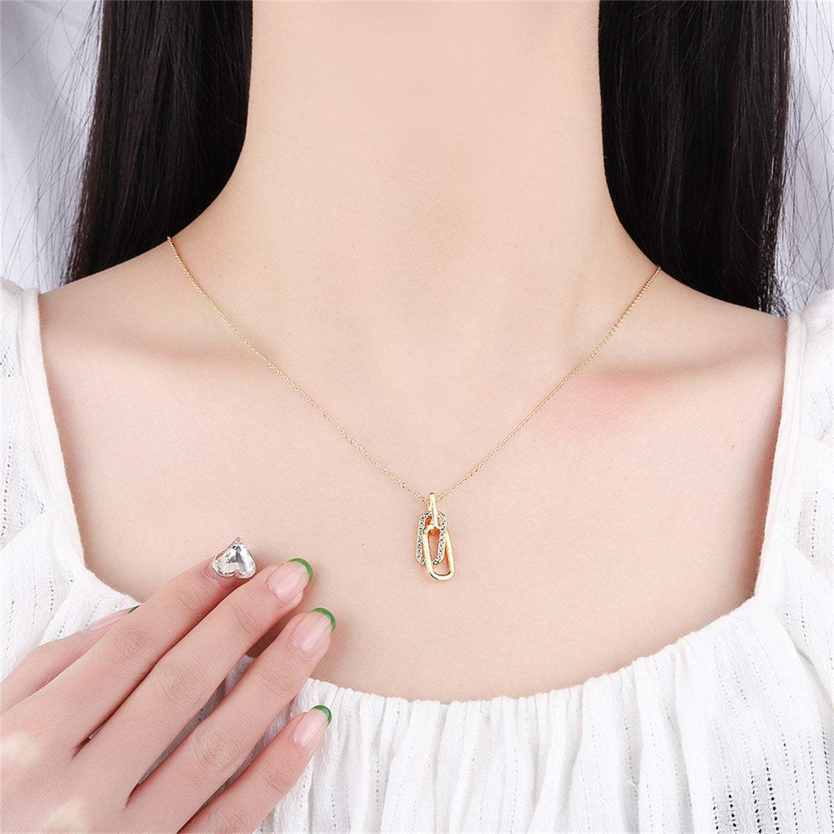 Cubic Zirconia & Goldtone Interlocking Oval Pendant Necklace