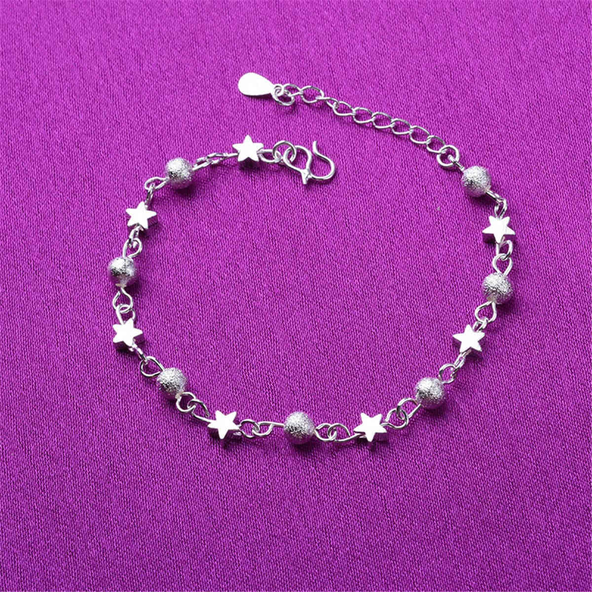 Silvertone Star & Bead Station Anklet