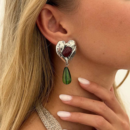 Green Resin & Silvertone Heart Drop Earrings