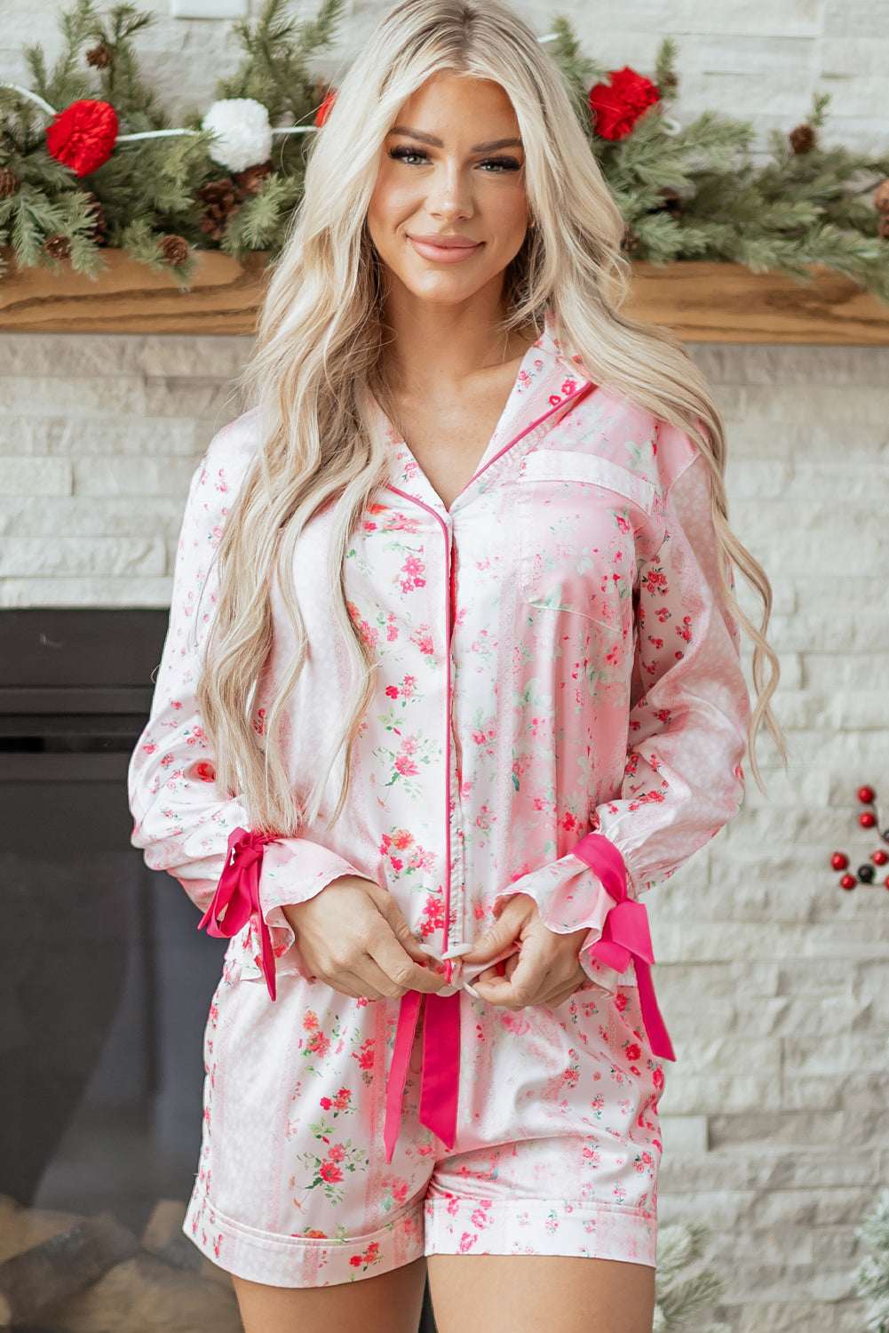 Paisley Tie 2pcs Pajama Set - Pink / L - 12/14
