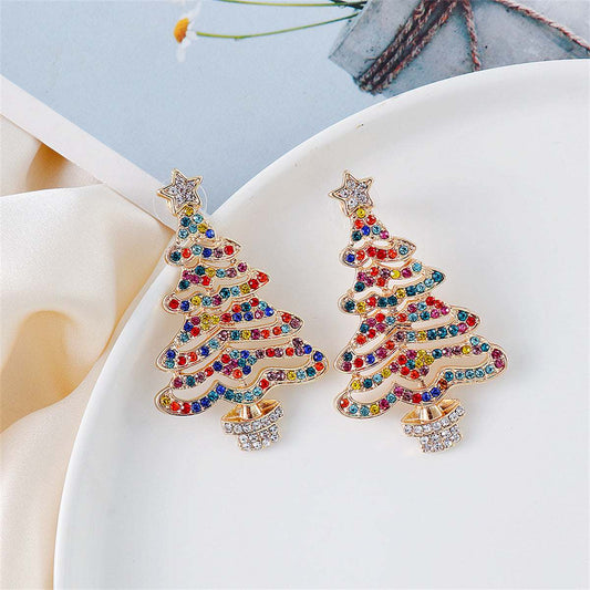 Jewel-Tone Cubic Zirconia & Goldtone Christmas Tree Drop Earrings