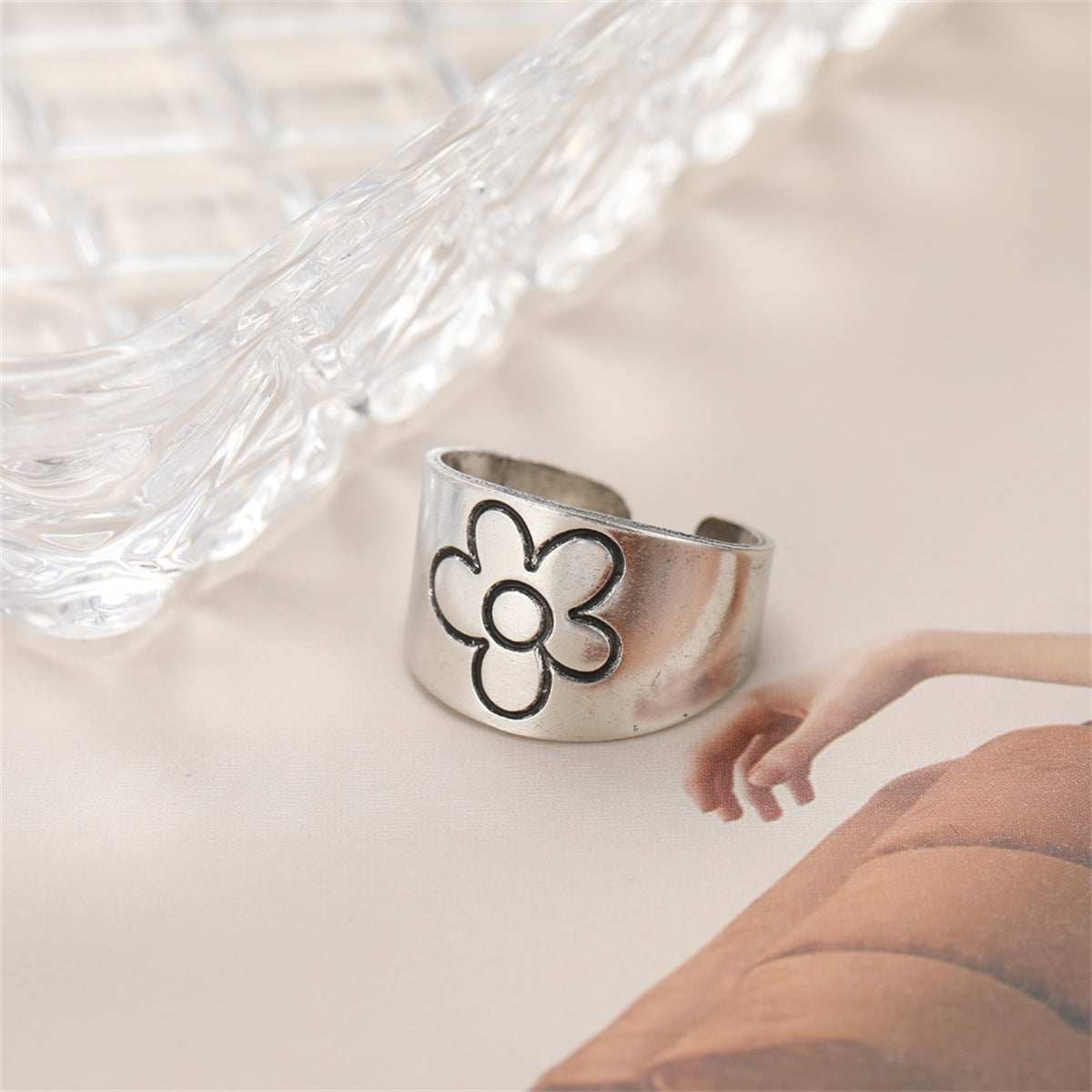 Silvertone Flower Open Band Ring