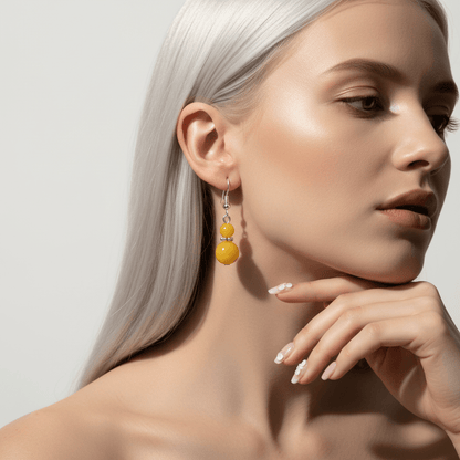 Yellow Jade & Silvertone ‌Gourd-Shape Hook Earrings