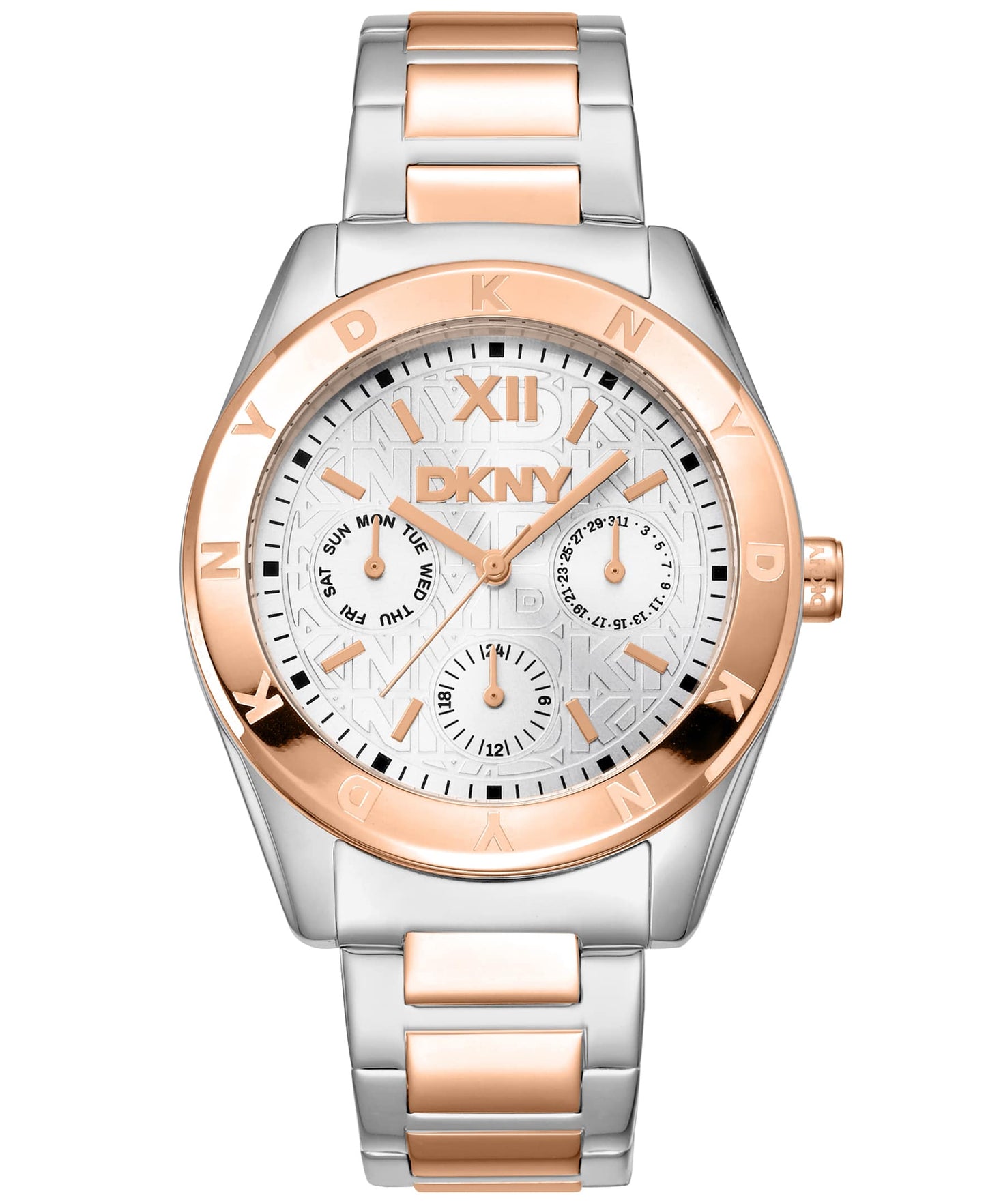 Dkny Women Watch, Two Tone Silver & Rose Gold Color Case, Silver Dial, Two Tone Silver & Rose Gold Color Metal Bracelet, Multi-Function, 5 Atm