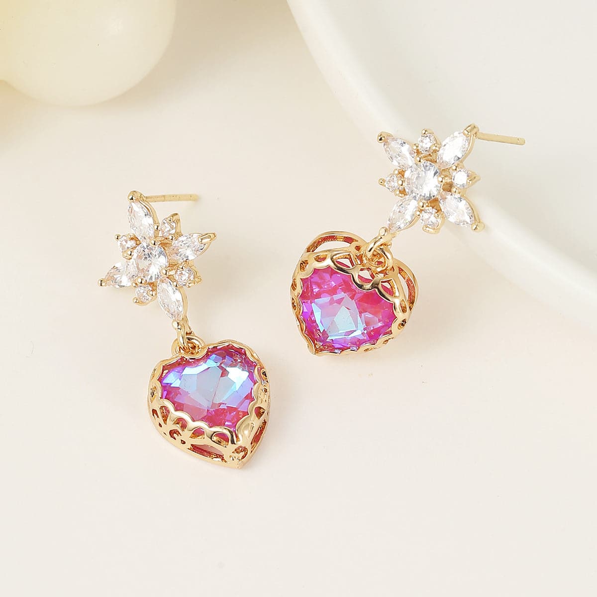 Purple Crystal & Cubic Zirconia Goldtone Star Heart Dangle Earrings