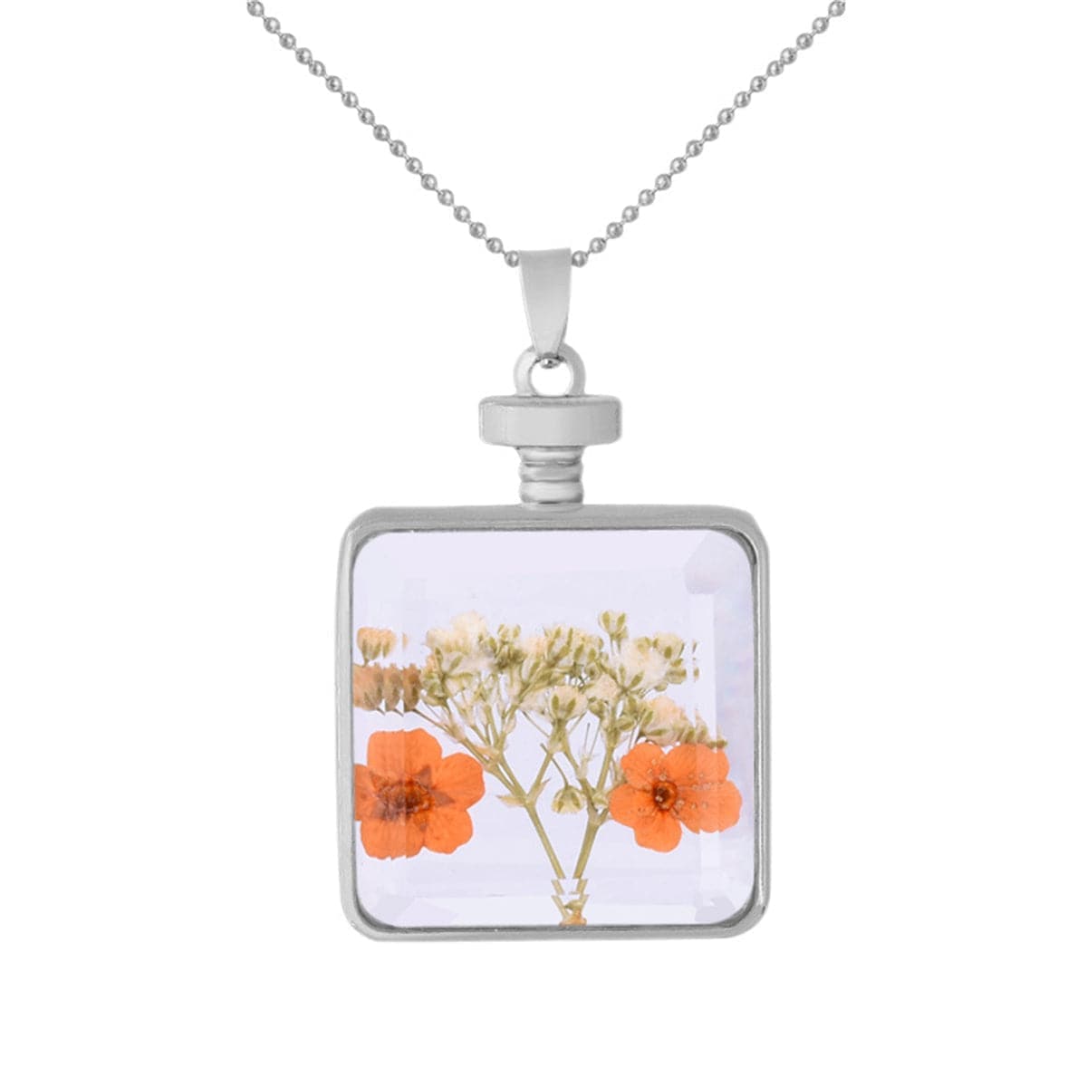 Orange Pressed Flower & Silvertone Square Pendant Necklace