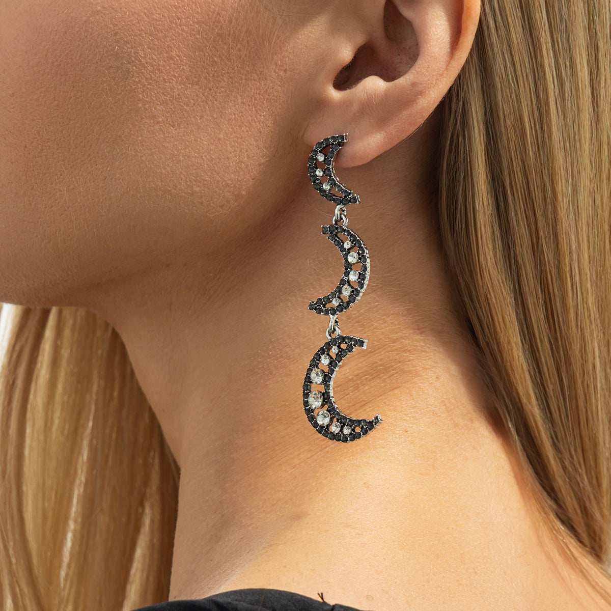 Black Cubic Zirconia & Silvertone Tiered Moon Dangle Earrings