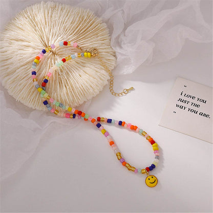 Colored Acrylic Bead & Goldtone Smiley Necklace