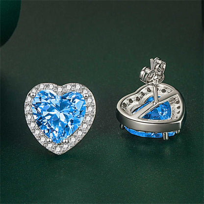 Blue Crystal & Cubic Zirconia Silvertone Halo Heart Stud Earrings