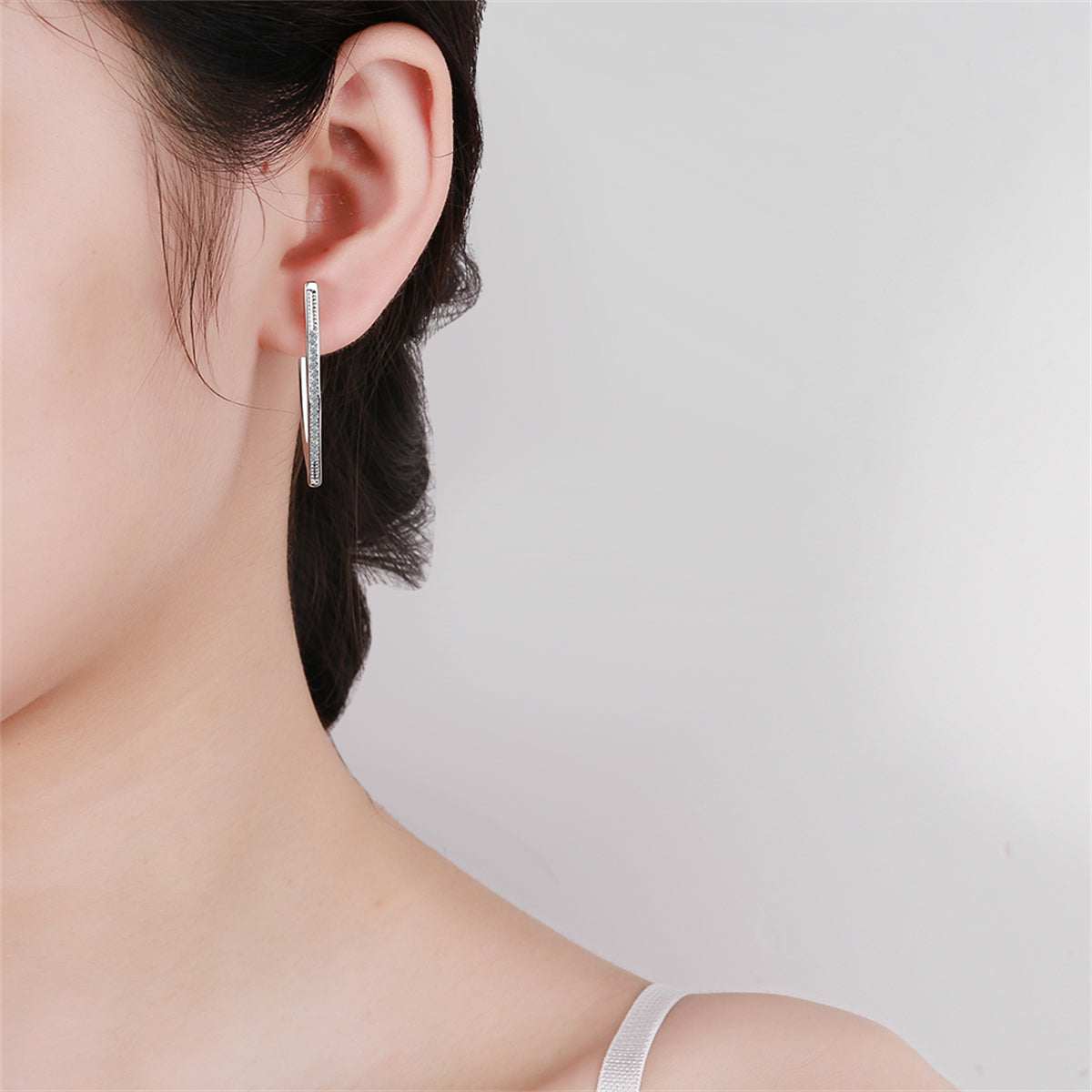 Cubic Zirconia & Silvertone Triangle Drop Earring