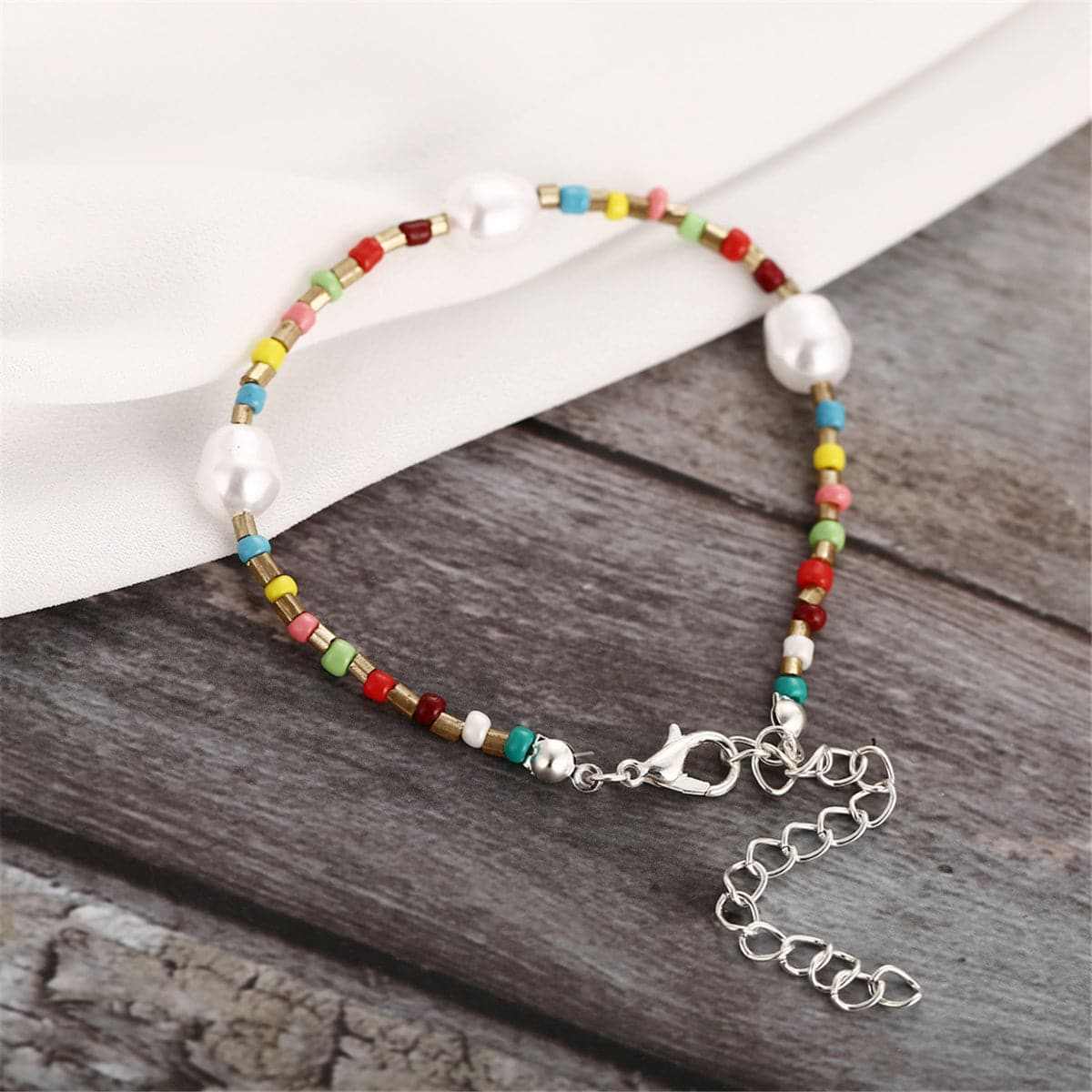 Red & Blue Howlite Pearl Goldtone Beaded Anklet